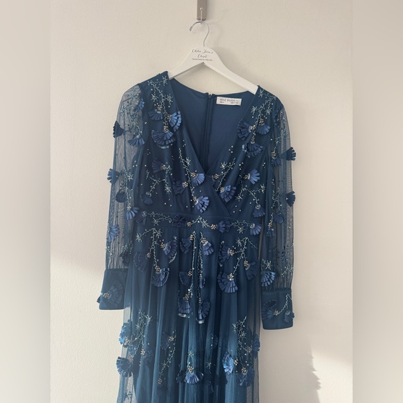 MAC DUGGAL Navy Mesh Long Sleeve V Neck Tiered A Line Gown 8 - Picture 5 of 9